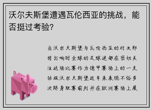 沃尔夫斯堡遭遇瓦伦西亚的挑战，能否挺过考验？